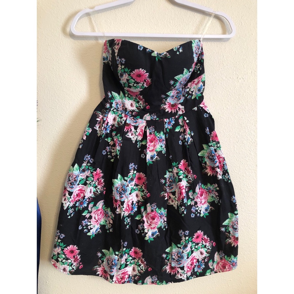 Strapless Black Floral Dress